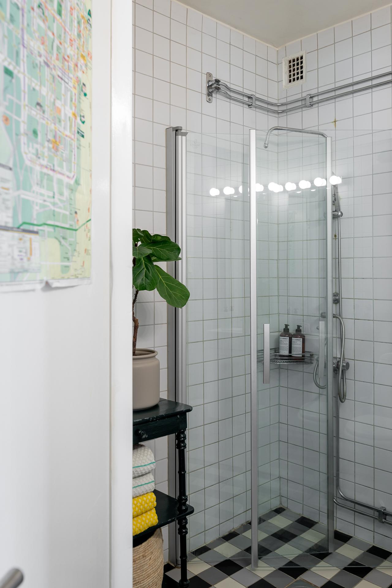 Svängbara duschdörrar för att optimera golvytan