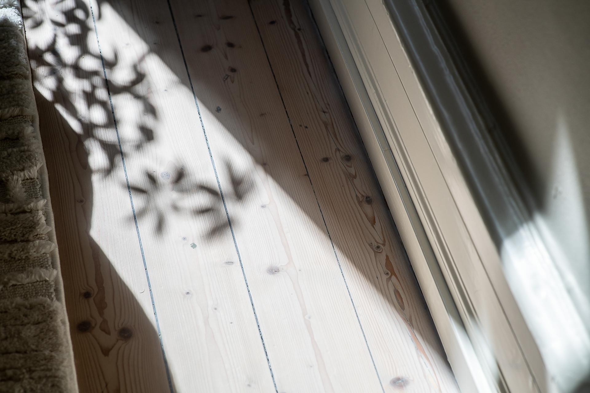 Eftermiddagssolen leker över de mjuka brädgolven.