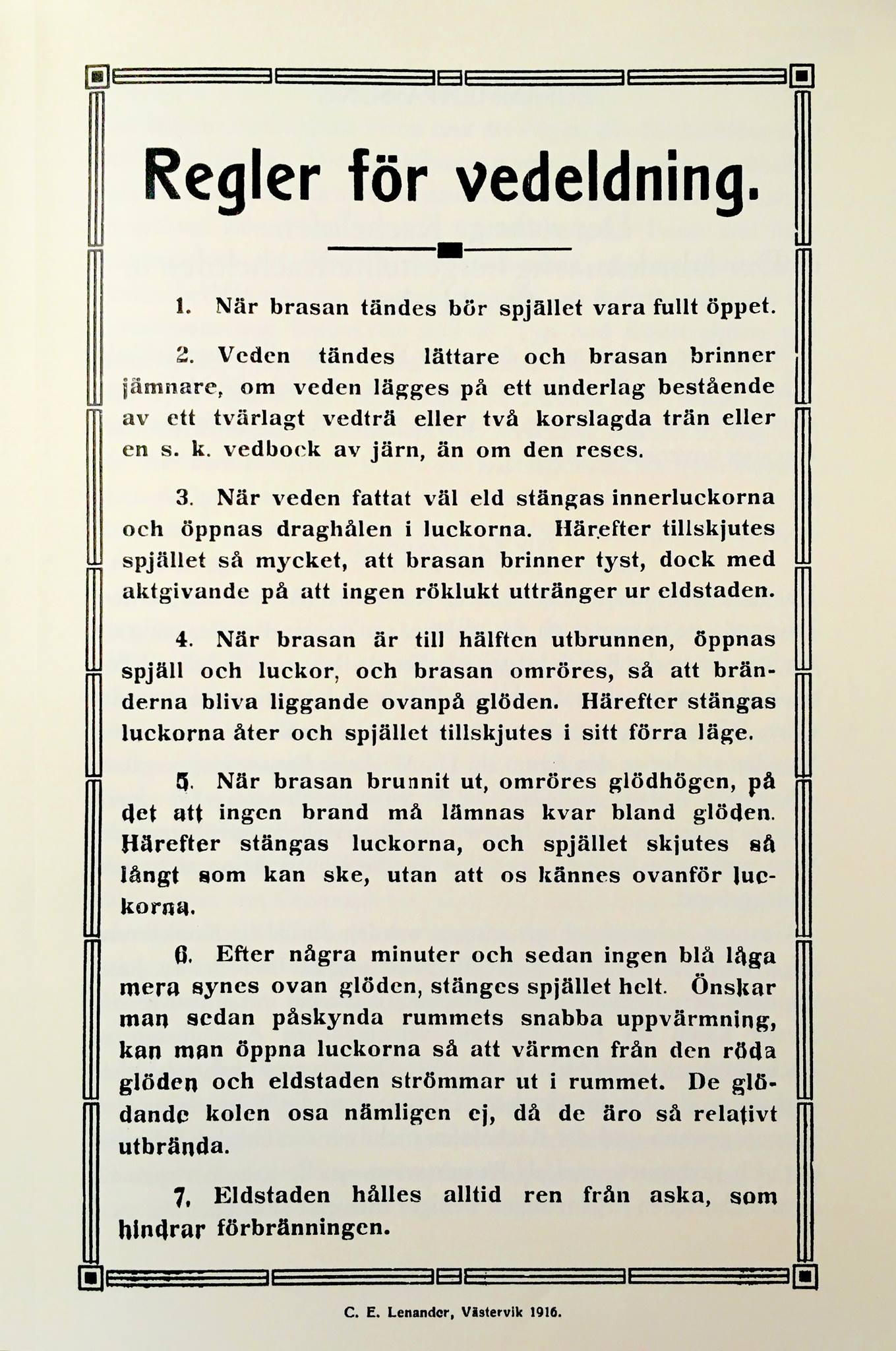  Regler för kakelugnseldning från år 1916.